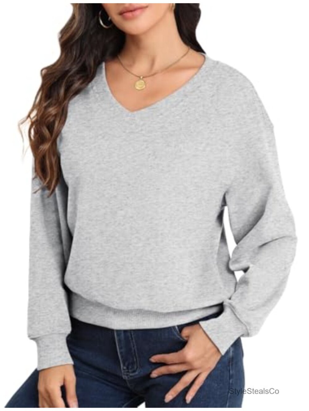 V Neck Long Sleeve Cropped Fleece Lined Sweatshirt Pullover